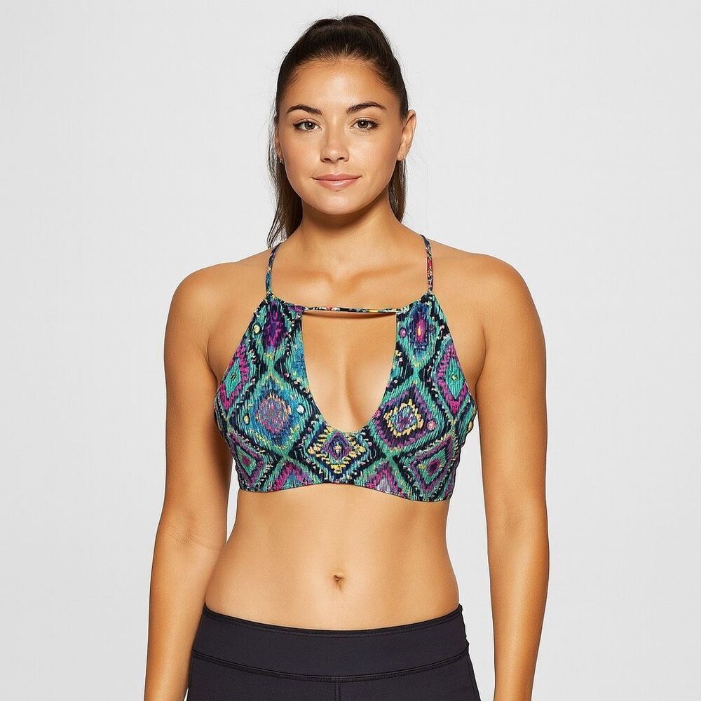 Forever 21 Colorful Geometric Print Halter Swim Top Lace Up Deep V Size M
